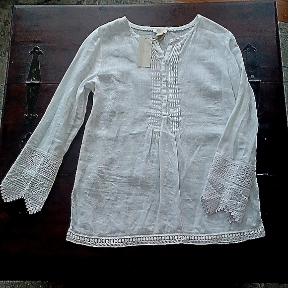 ST TROPEZ LINEN LONGSLEEVE LACE TUNIC NWT SIZE MEDIUM - Picture 1 of 16
